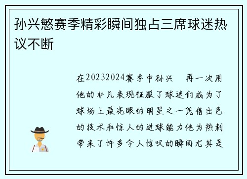 孙兴慜赛季精彩瞬间独占三席球迷热议不断